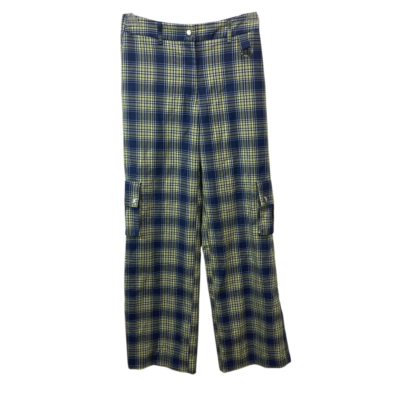 Forever 21 Women's Blue Yellow Plaid Cargo Pants Wide Leg Size Medium